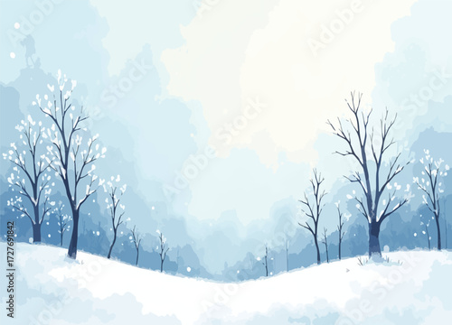 Frosty winter watercolor scene with falling snowflakes