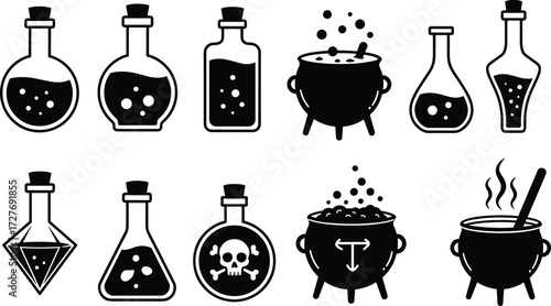 Witch potion bottle and cauldron vector set, magic elixir jar icons, spooky Halloween poison flasks, boiling cauldron bubbling drink illustration design