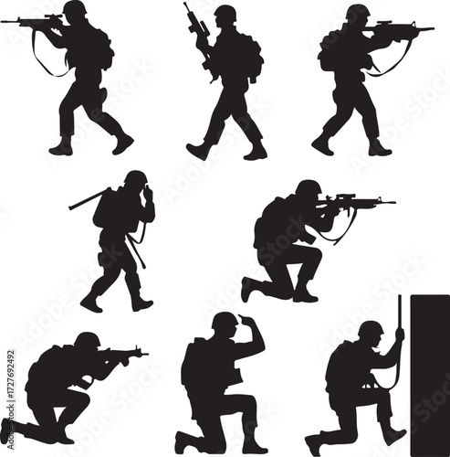 Army Soldier Silhouette Collection Military Action and Combat Poses Vector