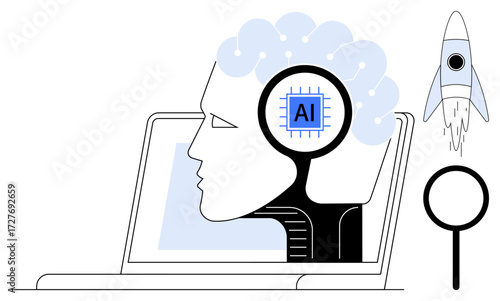 Human profile with AI chip, magnifying glass, and laptop representing artificial intelligence and exploration. Ideal for automation, technology, innovation, research, machine learning, data science