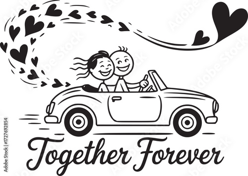 Together Forever: A romantic illustration shows a stick-figure couple joyfully driving a convertible, with a trail of heart shaped symbols indicating love.