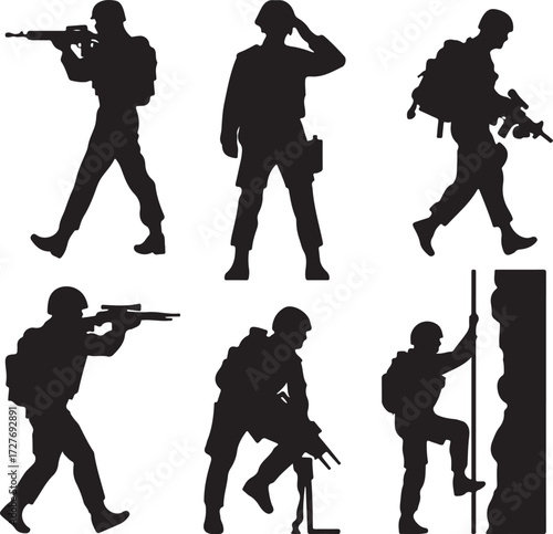 Army Action Silhouette Pack Soldiers in Tactical and Typical Combat Poses