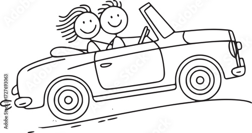 Couple's Road Trip: A playful illustration of a couple cruising in a convertible, embodying the joy and freedom of a road trip adventure. The illustration suggests excitement and the open road ahead.