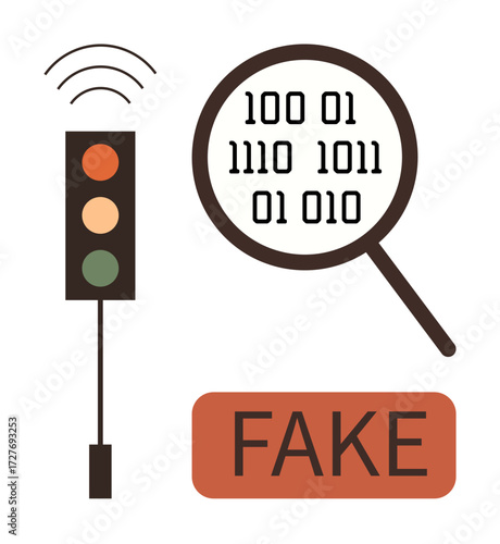 Magnifying glass over binary code with wireless traffic light and fake text. Ideal for digital fraud, cybersecurity, code analysis, fake detection, verification process, AI ethics, automation