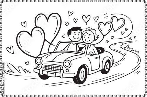 Romantic Drive: A cartoon couple joyfully embarks on a romantic road trip in a classic convertible, surrounded by whimsical hearts, symbolizing love and happiness. 