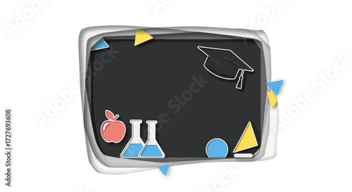 Cartoon Blackboard with Education Symbols: Apple Beakers Graduation Cap Shapes.