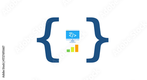 Blue curly braces framing a coding and analytics icon.