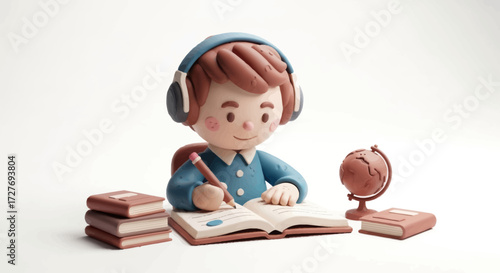3D Cartoon Student Boy with Headphones Studying Books and Globe.