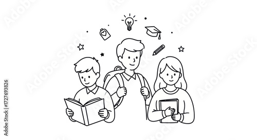 Three Students Studying Together Books and Backpacks.