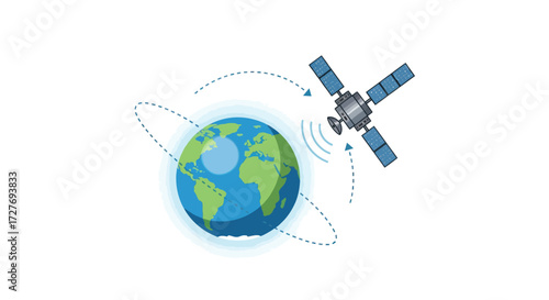 Satellite Orbiting Earth with Communication Signal Transmission.