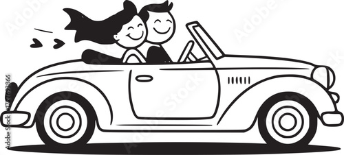 Joyride of Love: A charming couple in a vintage car, with wind-swept hair and beaming smiles, enjoying a romantic ride filled with love and happiness.