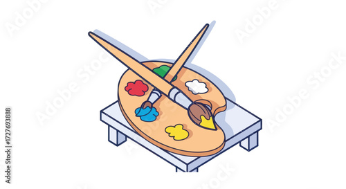 Wooden artists palette with colorful paints and brushes.