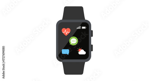 Black Smartwatch with Health and Weather Icons Displayed on the Screen.