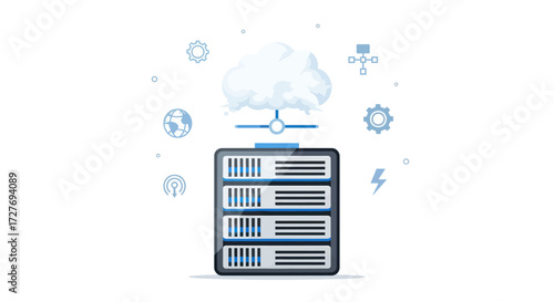 Cloud computing server rack with data storage and network icons.