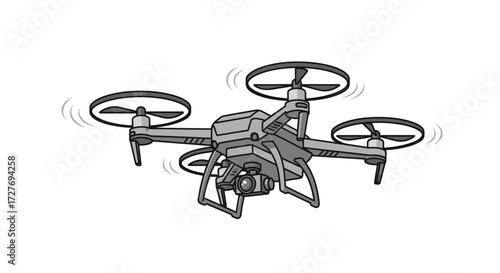 Gray Drone with Rotating Propellers Camera and Landing Gear.