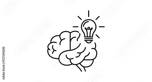 Simple Line Art Depicting Brain with Illuminated Lightbulb.
