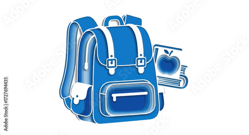 Blue School Backpack with Straps and Pocket Accompanied by a Book with an Apple.