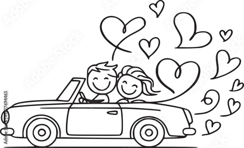 Sweethearts' Drive: A charming stick-figure illustration depicts a happy couple driving a convertible car, with hearts emanating from them, perfectly capturing romance, love and fun.