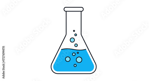 Erlenmeyer Flask with Blue Liquid and Bubbles Illustration.