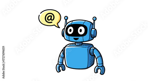 Cartoon Blue Robot with Antennae and Email Symbol.