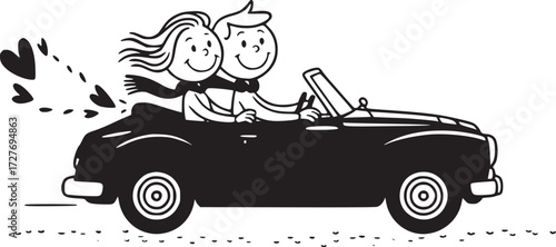 Love on the Road: An illustrated couple embarks on a romantic journey in a classic convertible, hearts trailing in their wake. Capturing a perfect getaway together.
