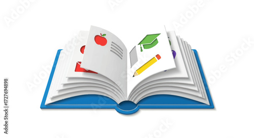 Open Illustrated Book with Blue Cover and Educational Icons.