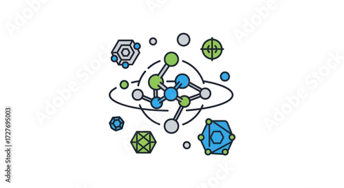 Colorful Abstract Molecular Structure with Orbiting Elements.