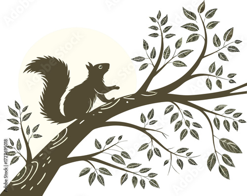Silhouette of a squirrel on a tree branch with leaves