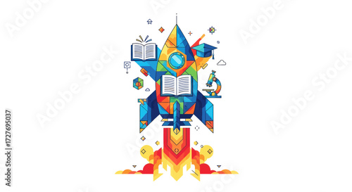 Colorful Rocket Ship Launching with Educational Symbols.