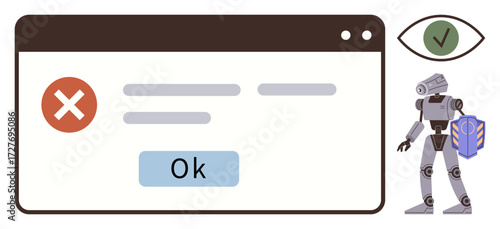 Webpage error message with red cross, confirmation button, robot with shield, and green checkmark eye. Ideal for cybersecurity, AI, error handling, data protection, decision-making automation