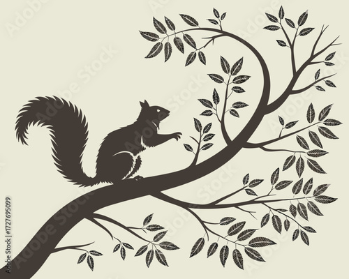 Silhouette of a squirrel on a tree branch with leaves