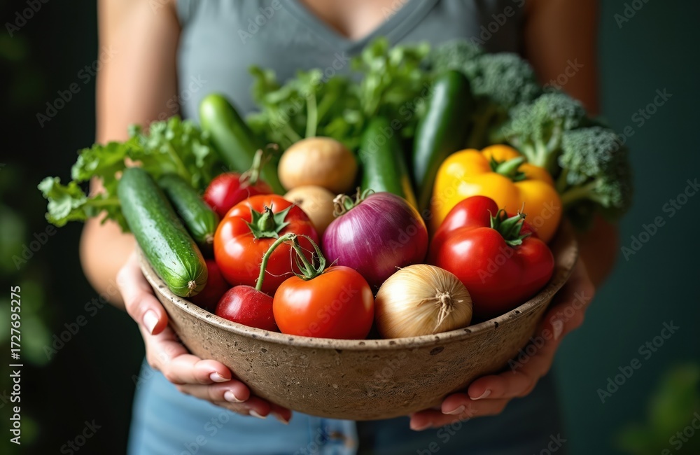 Fototapeta premium Woman holds bowl filled with fresh vegetables. Assortment includes tomatoes, cucumbers, bell pepper, onion, broccoli, and leafy greens. Healthy food concept for fresh meals.