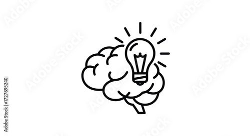 Simple Black and White Brain with Lightbulb Icon.