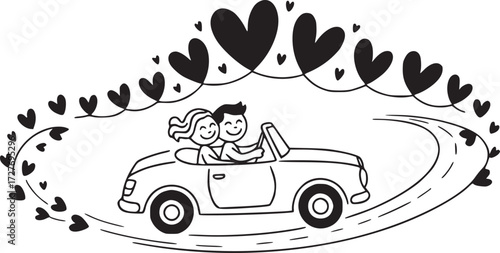 Couple in Love Drive:  A black and white illustration showing a romantic couple happily riding in a convertible car with a trail of hearts.