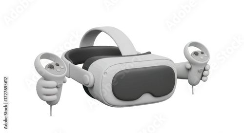 A modern white virtual reality headset with two matching ergonomic controllers for immersive gaming and entertainment.
