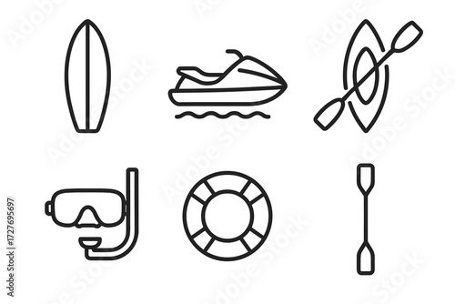 Set of line art icons: surfboard, jet ski, kayak, snorkel, lifebuoy, paddle
