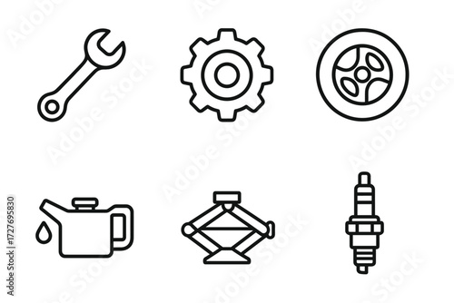 Set of automotive icons: wrench, gear, wheel, oil can, jack, spark plug