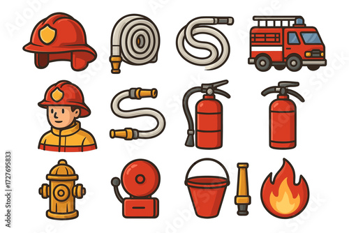 Firefighting equipment and firefighter icon set in cartoon style