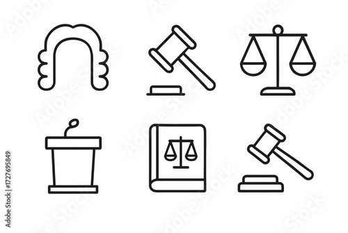 Line icons of judge wig, gavel, scales of justice, podium, law book