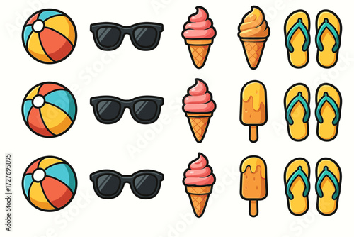 Colorful summer icons: beach balls, sunglasses, ice cream, flip flops