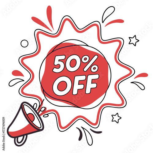 Bold red white fifty percent off announcement badge