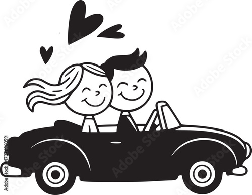 Couple in a Convertible: Capturing a timeless romantic moment, this illustration showcases a joyful couple in a classic convertible, symbolizing love, adventure, and the open road.