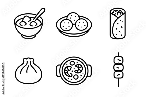 Icon set of popular global foods: soup, dumplings, wraps, pizza, skewer, and meatballs