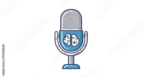 Cartoon Microphone with Brain and AI Symbol.