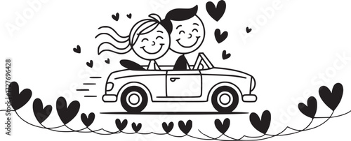 Newlyweds' Joyride: An illustration of a happy couple embarking on a romantic drive in a classic convertible, encircled by hearts, symbolizes love, commitment, and the journey of marriage.