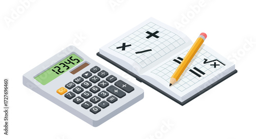 Calculator notebook with math symbols and pencil for calculations and problem-solving.