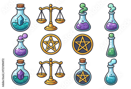 Magical potion bottles and scales with pentagram symbols in cartoon style