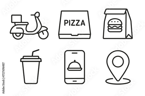 Food delivery icons: scooter, pizza, burger, drink, mobile, location