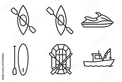 Set of boat and watercraft icons: kayak, jetski, paddleboard, lifeboat, fishing boat