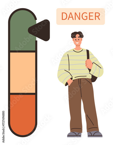 Young man in relaxed outfit stands near a vertical gauge showing danger levels in green, yellow, and red with an arrow in the red zone and a bold Danger label. Ideal for safety, risk, awareness
